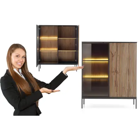 Witryna niska WT 104 EVITA z LED front 3D z lamelami czarny / dąb wotan